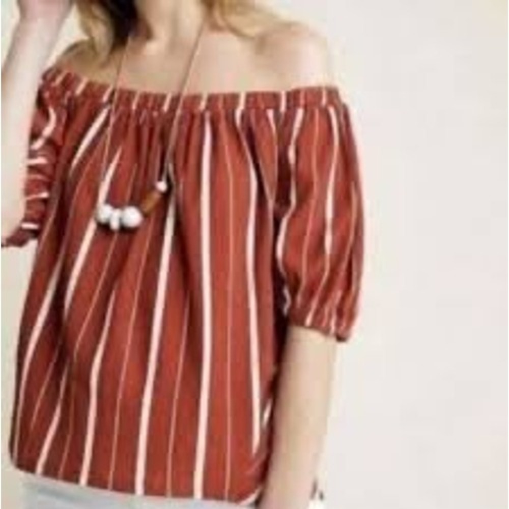 Anthropologie Rust Orange White Striped Off the Shoulder Puff Sleeve Top Large